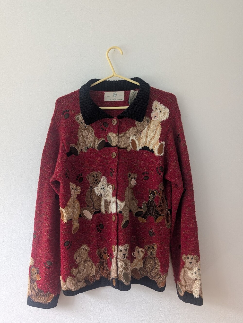 Vintage Design Options Teddy Bear Cardigan Sweater 80s 90s Grannycore Red Knit M